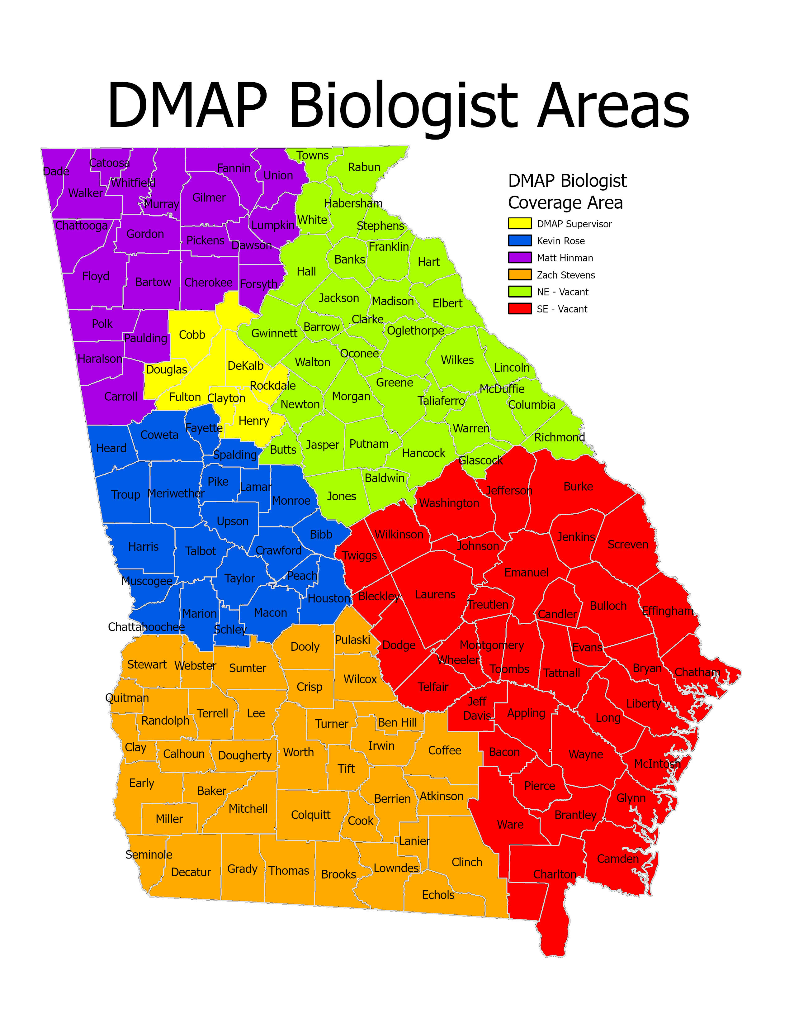 Regional map of Georgia displaying DMAP staff. 