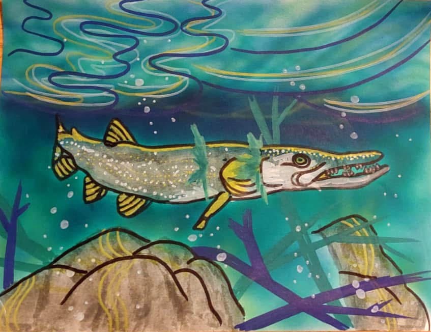 Child's drawing of a fish in water 